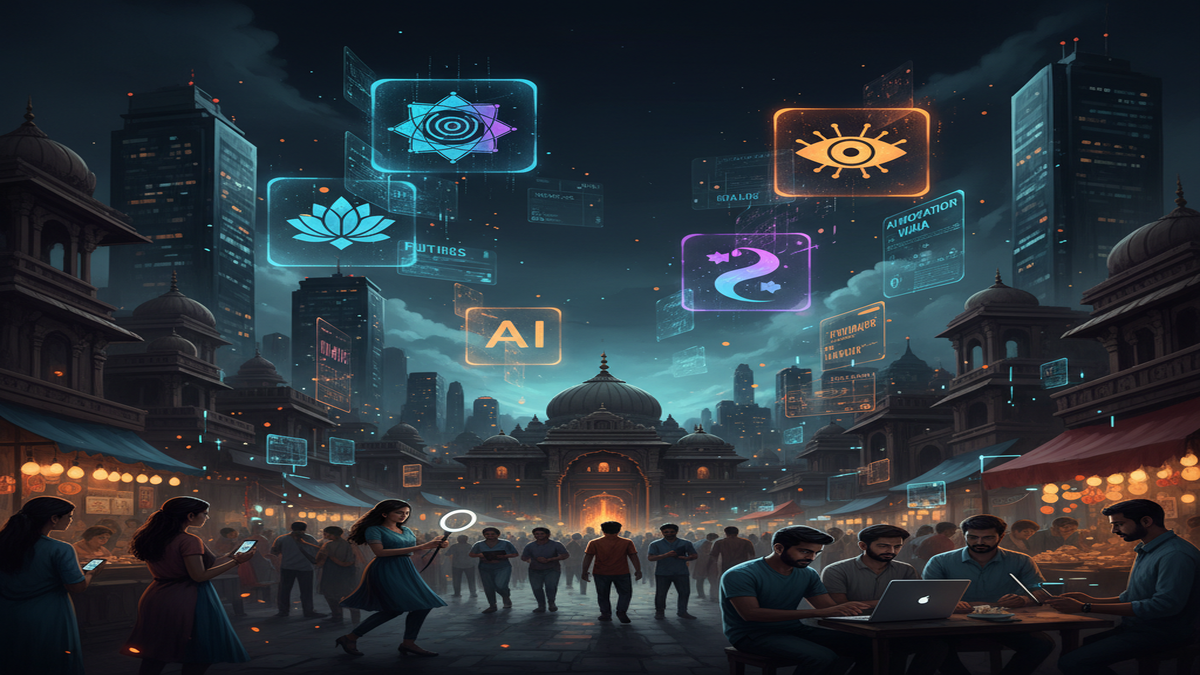 Cinematic illustration of AI tools competing over a South Asian cityscape with Hindi, Tamil, and Telugu script floating in holographic interfaces above content creators