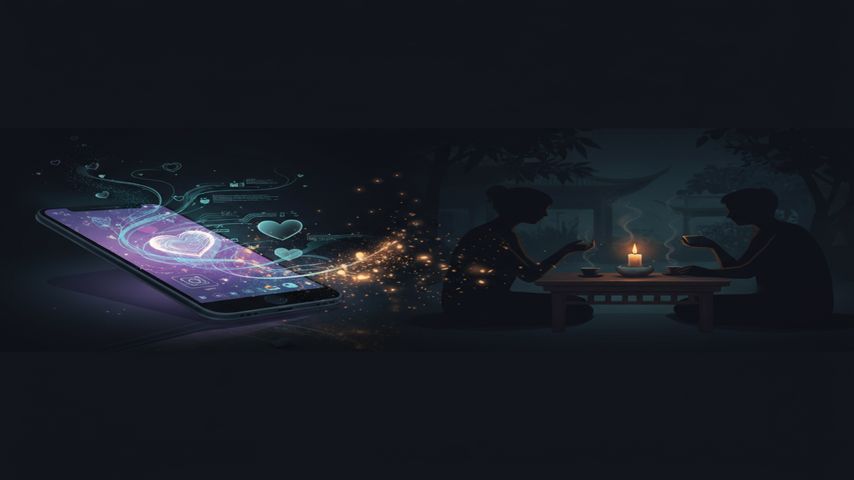 Cinematic illustration showing a split scene of a glowing smartphone with AI dating algorithm patterns on one side and two silhouetted figures at a traditional tea table on the other, representing AI dating apps versus traditional matchmaking in Asia