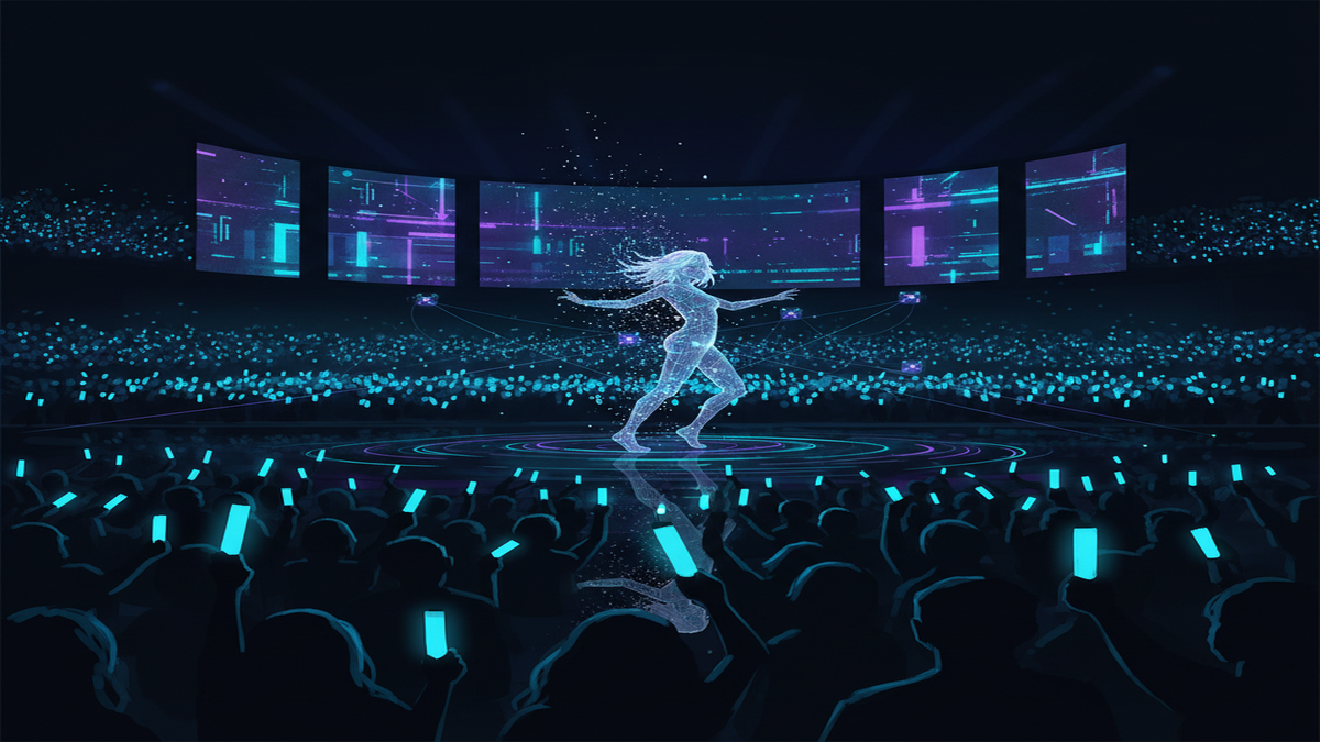 Holographic K-pop virtual idol performers on a dark concert stage with neon purple accents and glowing lightsticks in the audience