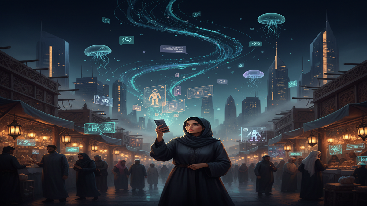 Cinematic illustration of a Gulf city souk blending traditional market stalls with streams of digital light and AI interface elements against a deep navy skyline