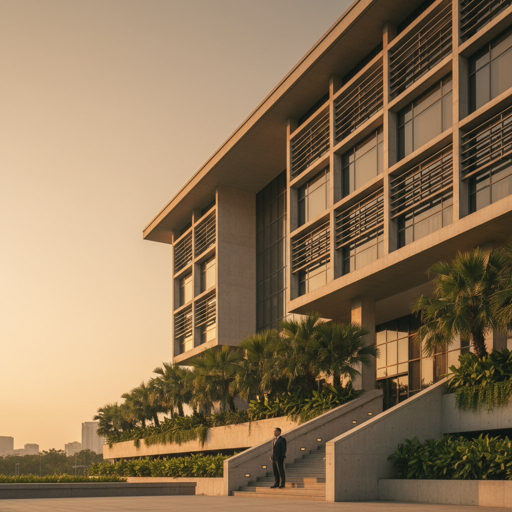 An architectural view of a modern Southeast Asian government building with warm golden light suggesting regional cooperation and governance