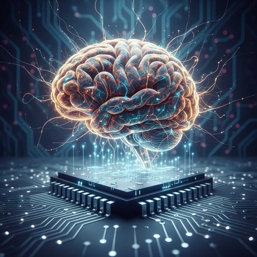 Human brain glowing, overshadowing geometric AI chip on a circuit board, symbolising human intelligence over AI.