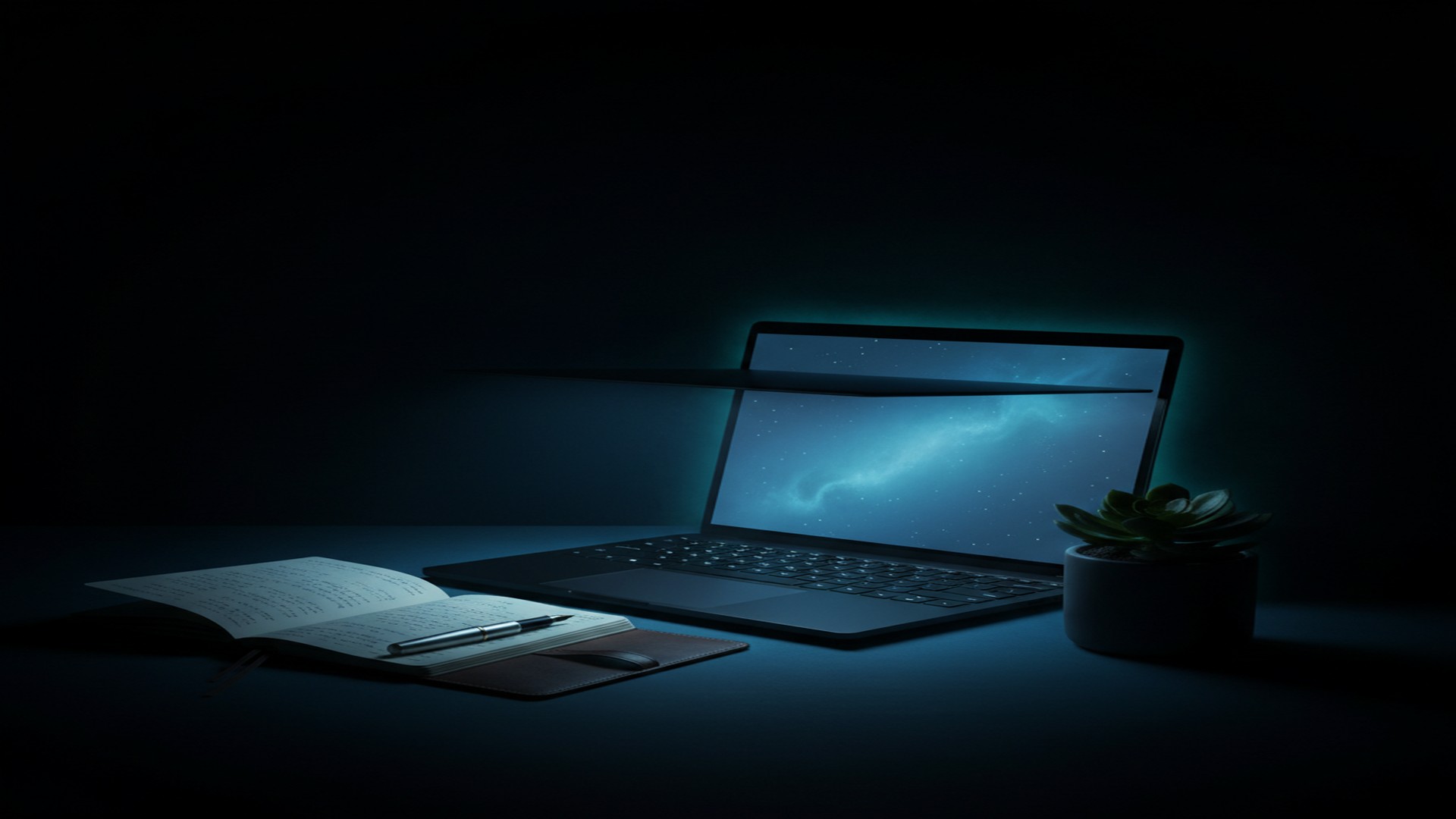 A moody, atmospheric still-life photograph of a laptop casting blue light onto a notebook and pen, symbolising the transition from manual work to AI-assisted productivity