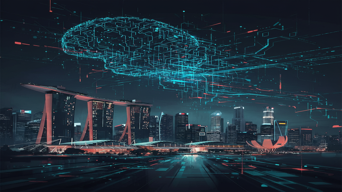 Singapore skyline with AI data visualisation overlay showing adoption statistics