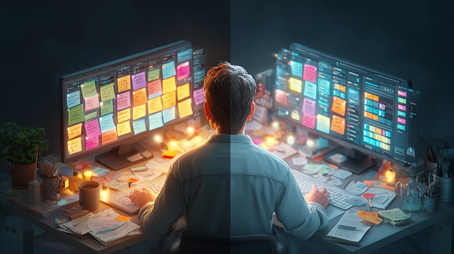 2 halfs of the old and new sitting at a desk