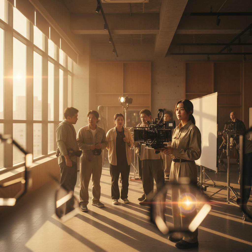 Abstract cinematic composition suggesting professional video production with warm golden light and geometric forms